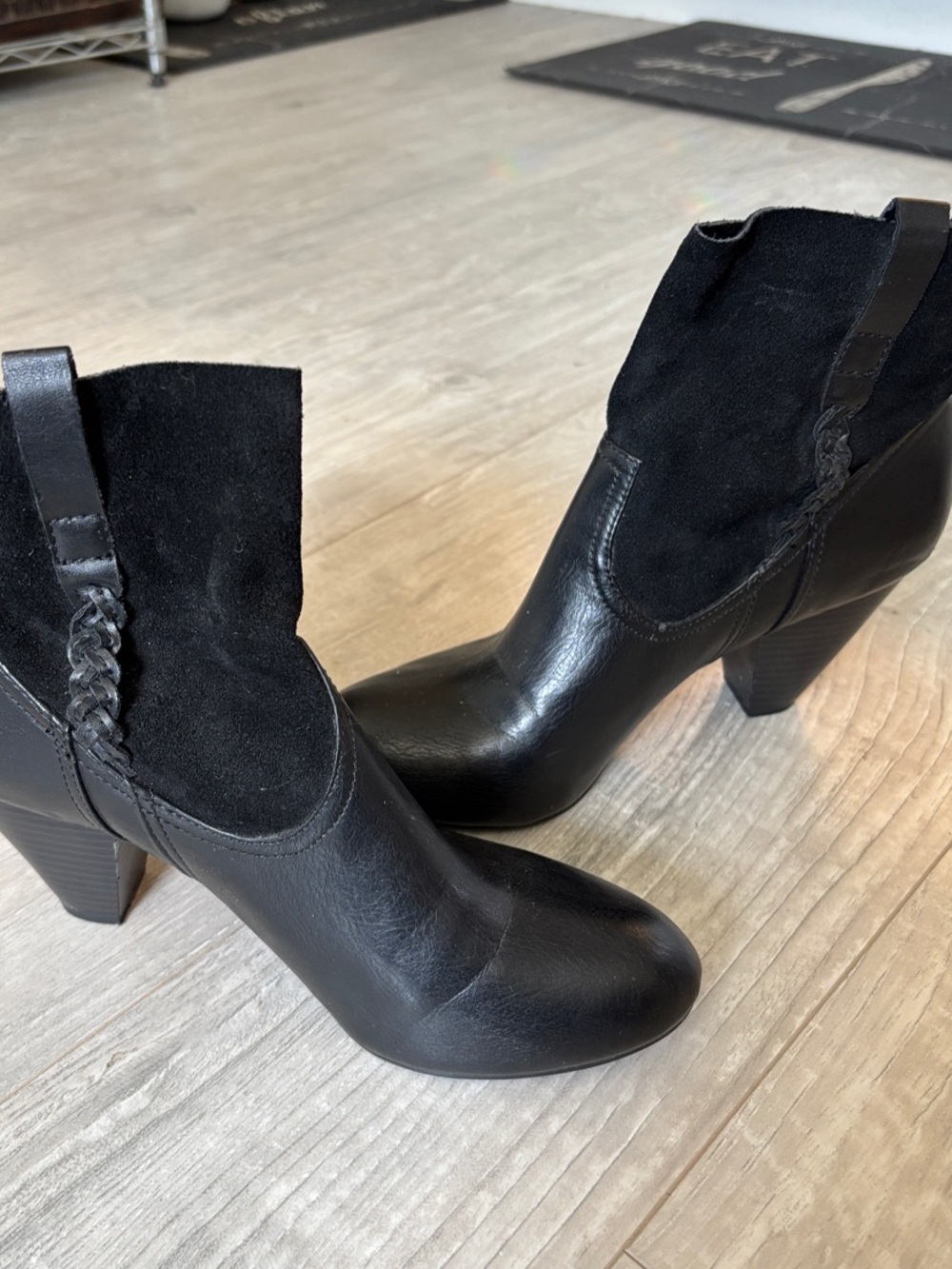 Jessica Simpson Black Mixed-Material Heeled Ankle Boots with Braided Strap